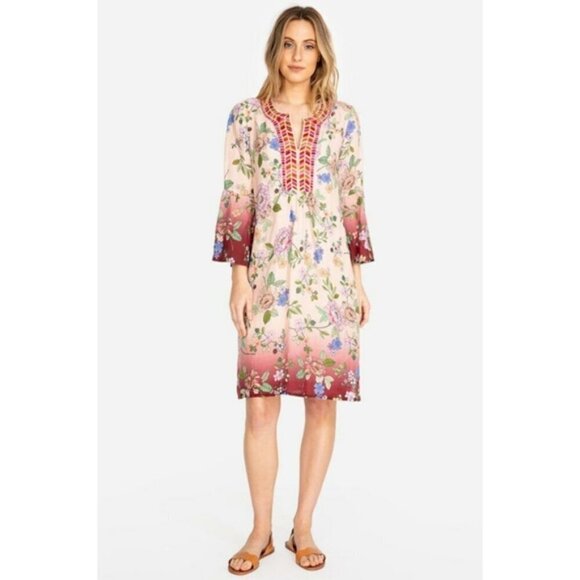 💕JOHNNY WAS💕 Flare Sleeve Tunic Dress ~ 100% Ramie Ombre Floral Print Medium - Picture 2 of 16